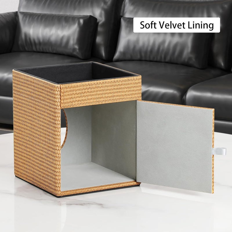 Cretkhp Tissue Box Cover, PU Leather Square Tissue Box Holder with Storage Tray for Bathroom Vanity Countertop Night Stands Bedroom Office Desk, Stylish Tissue Holder Decorative Organizer (Yellow Rattan) - Image 4